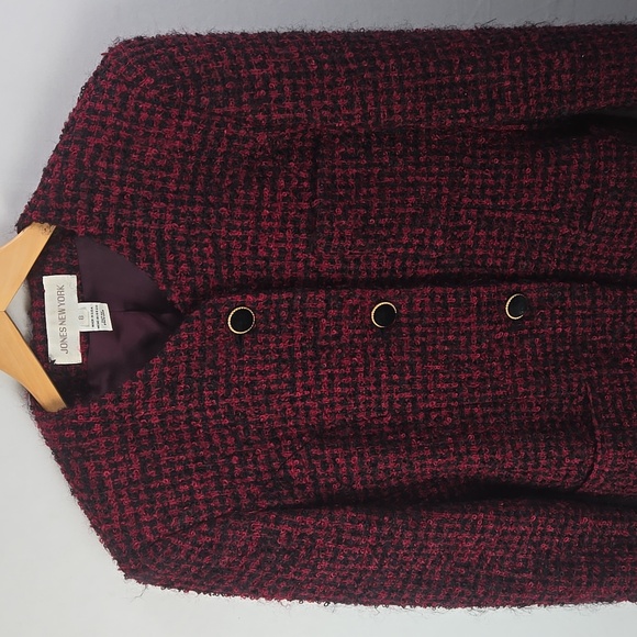 Jones New York Red Black Mohair & Wool Blend Tweed Jacket w/ Detail Buttons Sz 8 - Picture 2 of 9